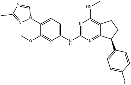 5H-Cyclopentapyrimidine-2,4-diamine, 7-(4-fluorophenyl)-6,7-dihydro-N2-[3-methoxy-4-(3-methyl-1H-1,2,4-triazol-1-yl)phenyl]-N4-methyl-, (7S)- Structure