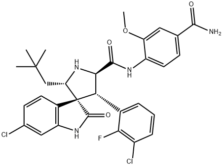 (2′R,3R,3′S,5′S)-6-クロロ-3′-(3-クロロ-2-フルオロフェニル)-5′-(2,2-ジメチルプロピル)-2′-[(4-カルバモイル-2-メトキシフェニル)カルバモイル]スピロ[1H-インドール-3(2H),4′-ピロリジン]-2-オン 化学構造式