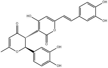 (2S)-6-メチル-2α-(3,4-ジヒドロキシフェニル)-2,3-ジヒドロ-3β-[4-ヒドロキシ-6-[(E)-2-(3,4-ジヒドロキシフェニル)エテニル]-2-オキソ-2H-ピラン-3-イル]-4H-ピラン-4-オン 化学構造式