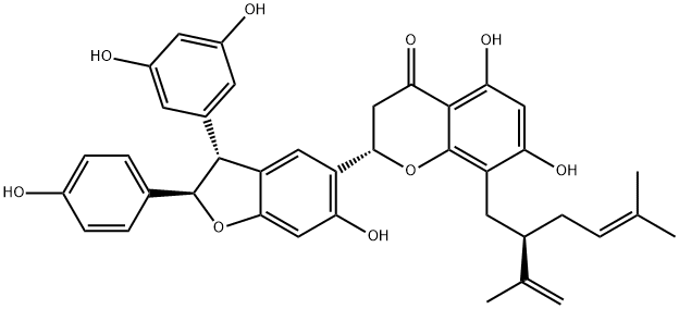(2S)-5,7-Dihydroxy-2,3-dihydro-2α-[[(2R)-2β-(4-hydroxyphenyl)-3α-(3,5-dihydroxyphenyl)-6-hydroxy-2,3-dihydrobenzofuran]-5-yl]-8-[5-methyl-2-(1-methylethenyl)-4-hexenyl]-4H-1-benzopyran-4-one Structure