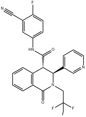 (3S,4S)-N-(3-シアノ-4-フルオロフェニル)-1-オキソ-3-(3-ピリジル)-2-(2,2,2-トリフルオロエチル)-1,2,3,4-テトラヒドロイソキノリン-4-カルボキサミド 化学構造式