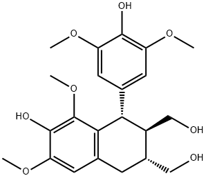[1S,(+)]-1,2,3,4-テトラヒドロ-7-ヒドロキシ-1-(4-ヒドロキシ-3,5-ジメトキシフェニル)-6,8-ジメトキシ-2β,3α-ナフタレンジメタノール 化学構造式