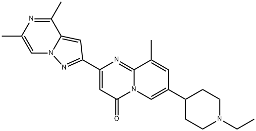 2-{4,6-ジメチルピラゾロ[1,5-a]ピラジン-2-イル}-7-(1-エチルピペリジン-4-イル)-9-メチル-4H-ピリド[1,2-a]ピリミジン-4-オン 化学構造式