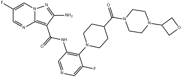 2-氨基-6-氟-N-(5-氟-4-(4-(4-(噁丁环烷-3-基)哌嗪-1-羰基)哌啶-1-基)吡啶-3-基)吡唑并[1,5-A]嘧啶-3-甲酰胺,1613191-99-3,结构式