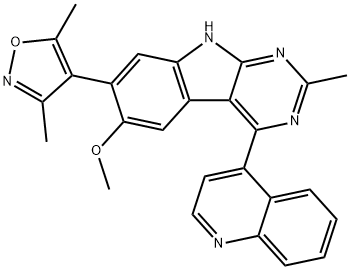4-[6-メトキシ-2-メチル-4-(キノリン-4-イル)-9H-ピリミド[4,5-b]インドール-7-イル]-3,5-ジメチルイソオキサゾール 化学構造式