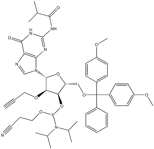 171486-61-6 (2R,3R,4R,5R)-2-((双(4-甲氧基苯基)(苯基)甲氧基)甲基)-5-(2-异丁酰胺基-6-氧代-1,6-二氢-9H-嘌呤-9-基)-4-(丙-2-炔-1-氧基)四氢呋喃-3-基 (2-氰乙基)二异丙基亚磷酰胺