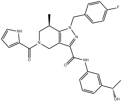 N-[3-[(S)-1-ヒドロキシエチル]フェニル]-1-(4-フルオロベンジル)-5-[(1H-ピロール-2-イル)カルボニル]-7β-メチル-1H-4,5,6,7-テトラヒドロ-1H-ピラゾロ[4,3-c]ピリジン-3-カルボアミド 化学構造式