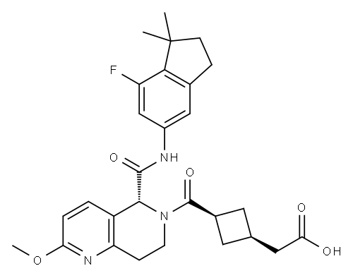 2-{3-[(5R)-5-[(7-フルオロ-1,1-ジメチル-2,3-ジヒドロ-1H-インデン-5-イル)カルバモイル]-2-メトキシ-5,6,7,8-テトラヒドロ-1,6-ナフチリジン-6-カルボニル]シクロブチル}酢酸 化学構造式