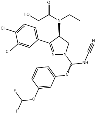 (4S)-N-[3-(ジフルオロメトキシ)フェニル]-N′-シアノ-3-(3,4-ジクロロフェニル)-4β-(2-オキソ-2-ヒドロキシエチルエチルアミノ)-2-ピラゾリン-1-カルボアミジン 化学構造式