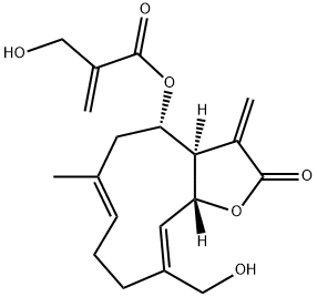 (3aR,4S,6E,10Z,11aR)-3a,4,5,8,9,11aα-ヘキサヒドロ-10-ヒドロキシメチル-4β-(2-ヒドロキシメチルプロペノイルオキシ)-6-メチル-3-メチレンシクロデカ[b]フラン-2(3H)-オン 化学構造式