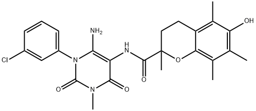 2H-1-Benzopyran-2-carboxamide,  N-[6-amino-1-(3-chlorophenyl)-1,2,3,4-tetrahydro-3-methyl-2,4-dioxo-5-pyrimidinyl]-3,4-dihydro-6-hydroxy-2,5,7,8- Structure