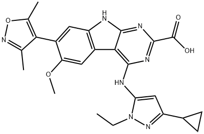 9H-Pyrimido[4,5-b]indole-2-carboxylic acid, 4-[(3-cyclopropyl-1-ethyl-1H-pyrazol-5-yl)amino]-7-(3,5-dimethyl-4-isoxazolyl)-6-methoxy-, 2093387-77-8, 结构式