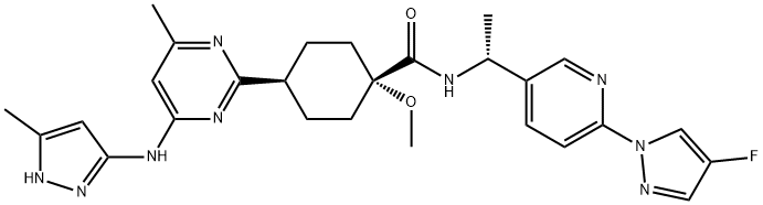 Cyclohexanecarboxamide, N-[(1R)-1-[6-(4-fluoro-1H-pyrazol-1-yl)-3-pyridinyl]ethyl]-1-methoxy-4-[4-methyl-6-[(5-methyl-1H-pyrazol-3-yl)amino]-2-pyrimidinyl]-, cis- Struktur