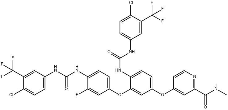 2-Pyridinecarboxamide, 4-[4-[[[[4-chloro-3-(trifluoromethyl)phenyl]amino]carbonyl]amino]-3-[4-[[[[4-chloro-3-(trifluoromethyl)phenyl]amino]carbonyl]amino]-3-fluorophenoxy]phenoxy]-N-methyl- Structure