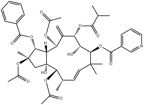 2,5,14-Triacetoxy-3-benzoyloxy-8,15-dihydroxy-7-isobutyroyloxy-9-nicotinoyloxyjatropha-6(17),11E-diene Structure