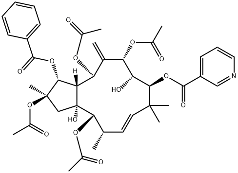 2,5,7,14-四乙酰氧基-3-苯甲酰基氧基-8,15-二羟基-9-烟酰氧基-6(17),11E-麻风树属二烯,210108-89-7,结构式