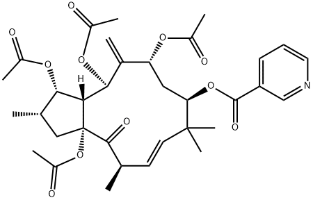 3-吡啶羧酸 (2S,3S,3AR,4R,6R,8R,10E,12R,13AR)-3,4,6,13A-四(乙酰氧基)-2,3,3A,4,5,6,7,8,9,12,13,13A-十二氢-2,9,9,12-四甲基-5-亚甲基-13-氧代-1H-环戊二烯并环十二碳六烯-8-基酯,244277-75-6,结构式