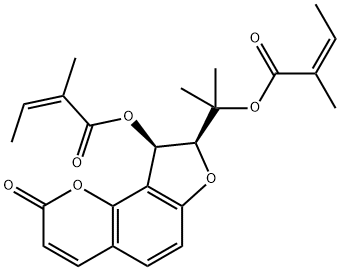 (Z)-2-メチル-2-ブテン酸(8S)-8,9-ジヒドロ-8-[1-メチル-1-[(Z)-2-メチル-1-オキソ-2-ブテニルオキシ]エチル]-2-オキソ-2H-フロ[2,3-h]-1-ベンゾピラン-9α-イル 化学構造式