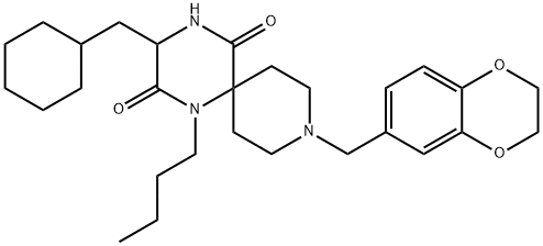1-ブチル-5-(シクロヘキシルメチル)-1′-[(2,3-ジヒドロ-1,4-ベンゾジオキシン-6-イル)メチル]スピロ[ピペラジン-2,4′-ピペリジン]-3,6-ジオン 化学構造式