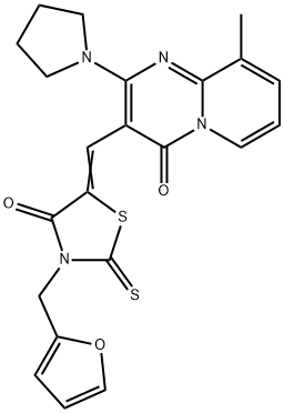 (5Z)-3-(furan-2-ylmethyl)-5-[(9-methyl-4-oxo-2-pyrrolidin-1-ylpyrido[1,2-a]pyrimidin-3-yl)methylidene]-2-sulfanylidene-1,3-thiazolidin-4-one Structure