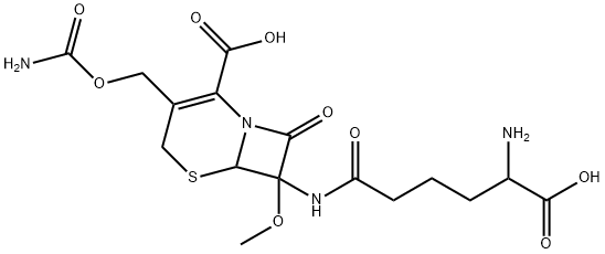 7-(5-アミノ-5-カルボキシペンタンアミド)-3-[(カルバモイルオキシ)メチル]-7-メトキシ-8-オキソ-5-チア-1-アザビシクロ[4.2.0]オクタ-2-エン-2-カルボン酸 化学構造式