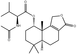 N-アセチル-L-バリン(5aS)-1,3,4,5,5aα,6,7,8,9,9a-デカヒドロ-6,6,9aβ-トリメチル-3-オキソナフト[1,2-c]フラン-9α-イル 化学構造式