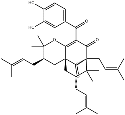 10-(3,4-Dihydroxybenzoyl)-3,4,5,6,7,8-hexahydro-2,2,7,7-tetramethyl-3α,6α,8-tris(3-methyl-2-butenyl)-9H-4aβ,8β-methano-2H-cycloocta[b]pyran-9,11-dione Struktur
