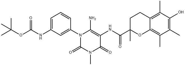 Carbamic  acid,  [3-[6-amino-5-[[(3,4-dihydro-6-hydroxy-2,5,7,8-tetramethyl-2H-1-benzopyran-2-yl)carbonyl]amino]-3,4-dihydro-3-methyl-2,4-dioxo-1(2H)- Structure