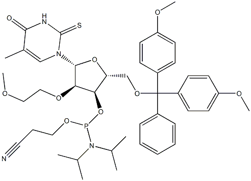 Uridine, 5'-O-[bis(4-methoxyphenyl)phenylmethyl]-2'-O-(2-methoxyethyl)-5-methyl-2-thio-, 3'-[2-cyanoethyl bis(1-methylethyl)phosphoramidite] (9CI) 结构式