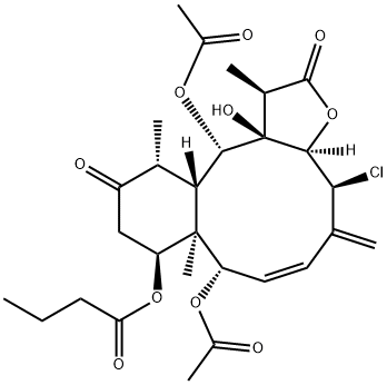 ブタン酸8,13-ジアセトキシ-4-クロロ-1,2,3a,4,5,8,8a,9,10,11,12,12a,13,13a-テトラデカヒドロ-13a-ヒドロキシ-1,8a,12-トリメチル-5-メチレン-2,11-ジオキソベンゾ[4,5]シクロデカ[1,2-b]フラン-9-イル 化学構造式