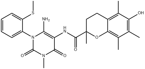 2H-1-Benzopyran-2-carboxamide,  N-[6-amino-1,2,3,4-tetrahydro-3-methyl-1-[2-(methylthio)phenyl]-2,4-dioxo-5-pyrimidinyl]-3,4-dihydro-6-hydroxy-2,5,7,8- Struktur