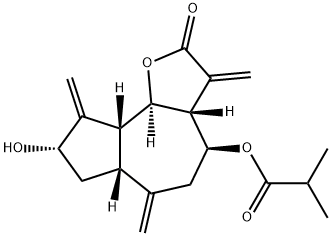 2-メチルプロピオン酸[(3aR,6aβ,9aβ,9bα)-ドデカヒドロ-8α-ヒドロキシ-3,6,9-トリス(メチレン)-2-オキソアズレノ[4,5-b]フラン-4β-イル] 化学構造式