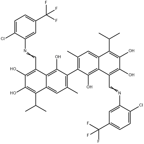 1-[[[2-chloro-5-(trifluoromethyl)phenyl]amino]methylidene]-7-[8-[[[2-c hloro-5-(trifluoromethyl)phenyl]amino]methylidene]-1,6-dihydroxy-3-met hyl-7-oxo-5-propan-2-yl-naphthalen-2-yl]-3,8-dihydroxy-6-methyl-4-prop an-2-yl-naphthalen-2-one Struktur
