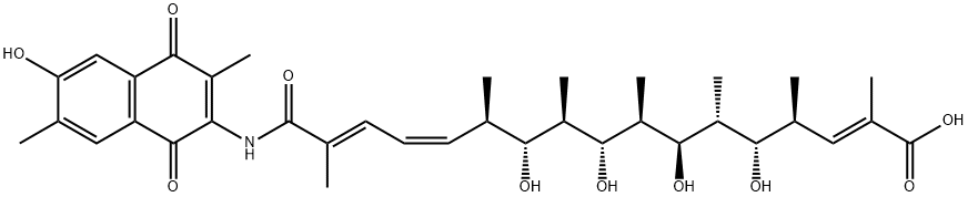 2,13,15-Heptadecatrienoic acid, 17-[(1,4-dihydro-6-hydroxy-3,7-dimethyl-1,4-dioxo-2-naphthalenyl)amino]-5,7,9,11-tetrahydroxy-2,4,6,8,10,12,16-heptamethyl-17-oxo-, (2E,4S,5S,6R,7R,8R,9R,10R,11R,12R,13Z,15E)- Structure
