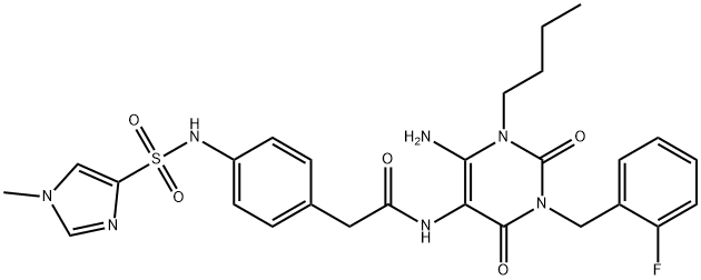 Benzeneacetamide,  N-[6-amino-1-butyl-3-[(2-fluorophenyl)methyl]-1,2,3,4-tetrahydro-2,4-dioxo-5-pyrimidinyl]-4-[[(1-methyl-1H-imidazol-4- Struktur