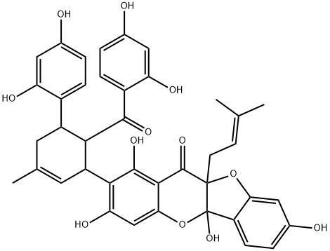 2-[(1R)-6β-(2,4-ジヒドロキシベンゾイル)-5α-(2,4-ジヒドロキシフェニル)-3-メチル-2-シクロヘキセン-1α-イル]-5a,10a-ジヒドロ-1,3,8,10aβ-テトラヒドロキシ-5aβ-(3-メチル-2-ブテニル)-11H-ベンゾフロ[3,2-b][1]ベンゾピラン-11-オン 化学構造式