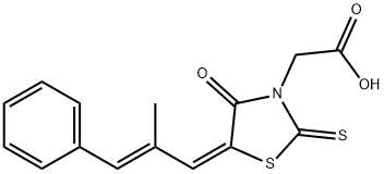 3-Thiazolidineacetic acid, 5-[(2E)-2-methyl-3-phenyl-2-propen-1-ylidene]-4-oxo-2-thioxo-, (5E)- Struktur