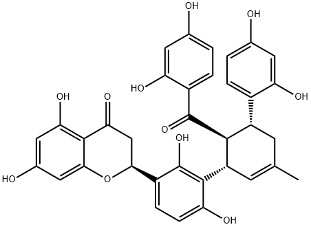 4H-1-Benzopyran-4-one, 2-[3-[(1S,5R,6S)-6-(2,4-dihydroxybenzoyl)-5-(2,4-dihydroxyphenyl)-3-methyl-2-cyclohexen-1-yl]-2,4-dihydroxyphenyl]-2,3-dihydro-5,7-dihydroxy-, (2S)- Structure