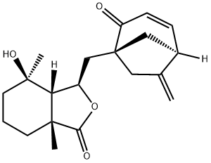 (3R)-3aα,4,5,6,7,7a-ヘキサヒドロ-4α-ヒドロキシ-4,7aα-ジメチル-3-[[(1R,5S)-6-メチレン-2-オキソビシクロ[3.2.1]オクタ-3-エン-1-イル]メチル]-1(3H)-イソベンゾフラノン 化学構造式