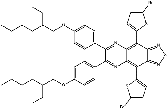 [1,2,5]Thiadiazolo[3,4-g]quinoxaline,4,9-bis(5-bromo-2-thienyl)-6,7-bis[4-[(2-ethylhexyl)oxy]phenyl]- 结构式