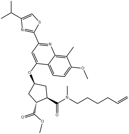 (1R,2R,4S)-2-[(5-hexen-1-ylmethylamino)carbonyl]-4-[[7-methoxy-8- methyl- 2-[4-(1-isopropyl)-2-thiazolyl]-4-quinolinyl]oxy]- Cyclopentanecarboxylic acid methyl ester 化学構造式
