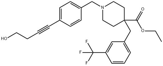 4-Piperidinecarboxylic acid, 1-[[4-(4-hydroxy-1-butyn-1-yl)phenyl]methyl]-4-[[3-(trifluoromethyl)phenyl]methyl]-, ethyl ester Struktur