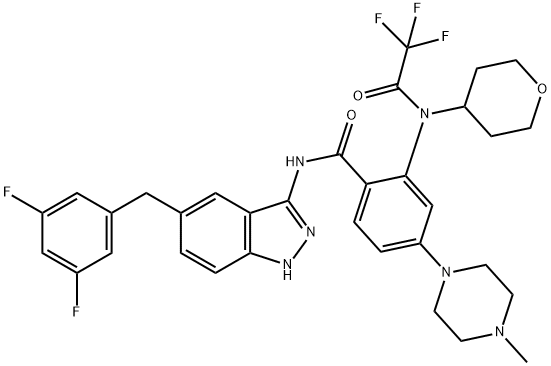 Benzamide, N-[5-[(3,5-difluorophenyl)methyl]-1H-indazol-3-yl]-4-(4-methyl-1-piperazinyl)-2-[(tetrahydro-2H-pyran-4-yl)(2,2,2-trifluoroacetyl)amino]- Structure