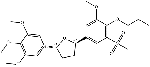 rac-(2α*,5β*)-テトラヒドロ-2-[3-メトキシ-5-(メチルスルホニル)-4-プロポキシフェニル]-5-(3,4,5-トリメトキシフェニル)フラン 化学構造式