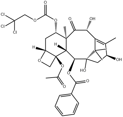Docetaxel impurity 1/(2aR,4S,4aS,6R,9S,11S,12S,12aR,12bS)-12b-acetoxy-6,9,11-trihydroxy-4a,8,13,13-tetramethyl-5-oxo-4-(((2,2,2-trichloroethoxy)carbonyl)oxy)-2a,3,4,4a,5,6,9,10,11,12,12a,12b-dodecahydro-1H-7,11-methanocyclodeca[3,4]benzo[1,2-b]oxet-12-yl  Struktur