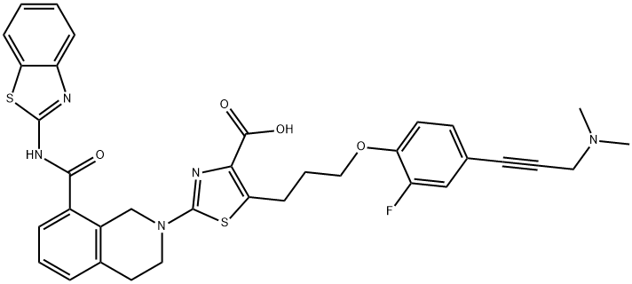 2-{8-[(1,3-ベンゾチアゾール-2-イル)カルバモイル]-3,4-ジヒドロ-1H-イソキノリン-2-イル}-5-(3-{4-[3-(ジメチルアミノ)プロパ-1-イン-1-イル]-2-フルオロフェノキシ}プロピル)-1,3-チアゾール-4-カルボン酸 化学構造式