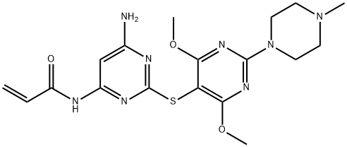 N-[2-[[2-(4-メチルピペラジノ)-4,6-ジメトキシピリミジン-5-イル]チオ]-6-アミノピリミジン-4-イル]アクリルアミド 化学構造式