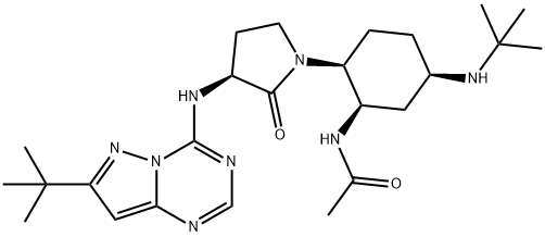 N-[(1R,2S,5R)-5-(tert-ブチルアミノ)-2-[(3S)-3-({7-tert-ブチルピラゾロ[1,5-a][1,3,5]トリアジン-4-イル}アミノ)-2-オキソピロリジン-1-イル]シクロヘキシル]アセトアミド 化学構造式