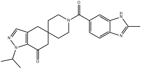 1-イソプロピル-1′-(2-メチル-1H-ベンゾイミダゾール-6-イルカルボニル)スピロ[1H-インダゾール-5(4H),4′-ピペリジン]-7(6H)-オン 化学構造式