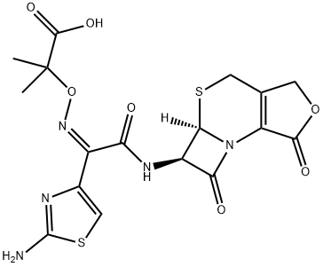 Propanoic acid, 2-[[(Z)-[1-(2-amino-4-thiazolyl)-2-oxo-2-[[(5aR,6R)-1,4,5a,6-tetrahydro-1,7-dioxo-3H,7H-azeto[2,1-b]furo[3,4-d][1,3]thiazin-6-yl]amino]ethylidene]amino]oxy]-2-methyl- Struktur